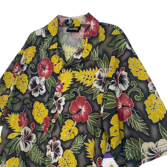 Vtg ODO Hawaiian Shirt XL Mesh Coconut Buttons 90s y2K Resort Cruise Beach Wear - Picture 2 of 9